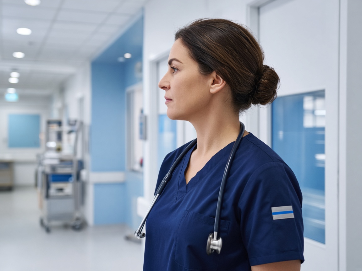 Operating room nurse in navy scrubs in a surgery center corridor