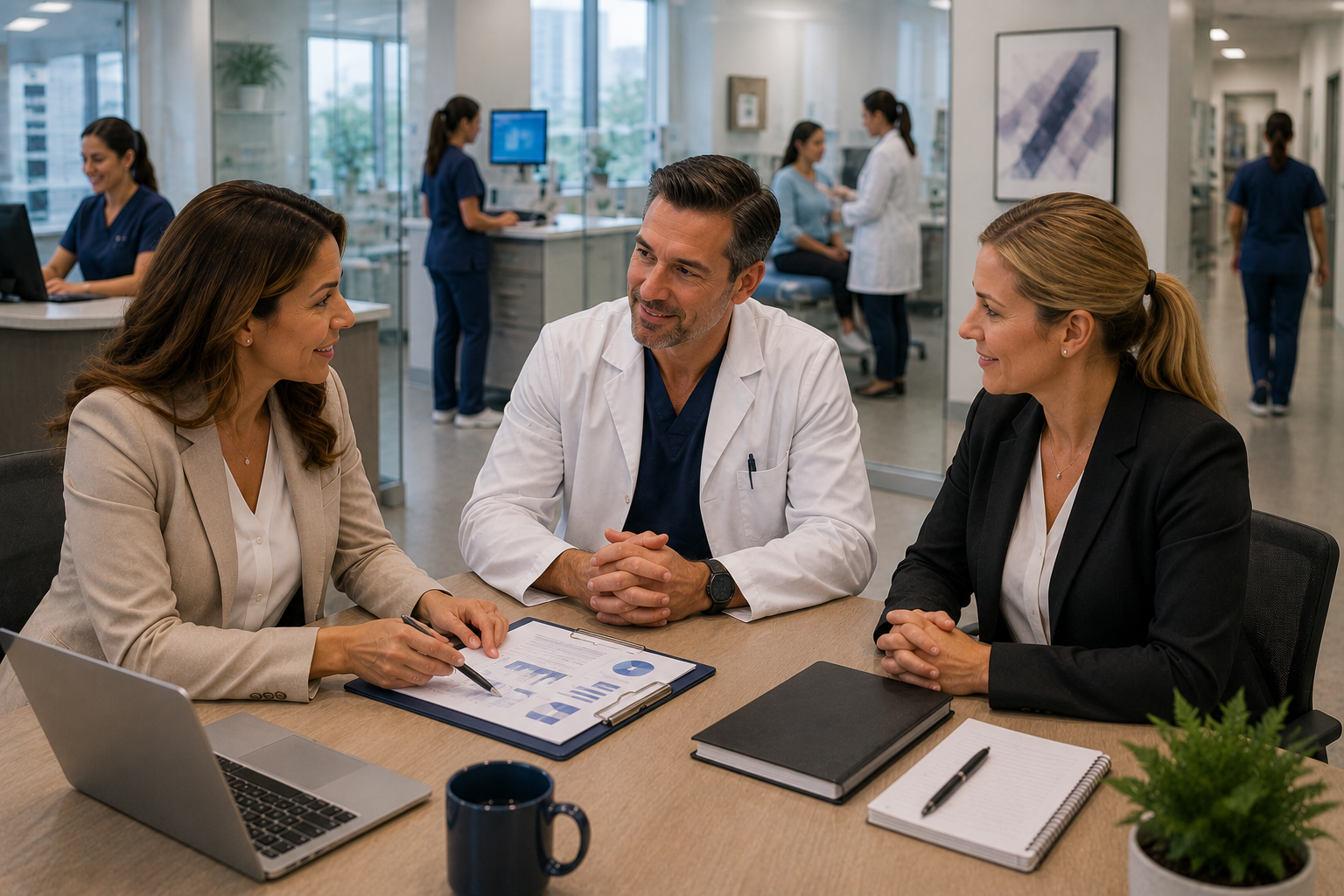 Healthcare staffing consultant meeting with a prospective client